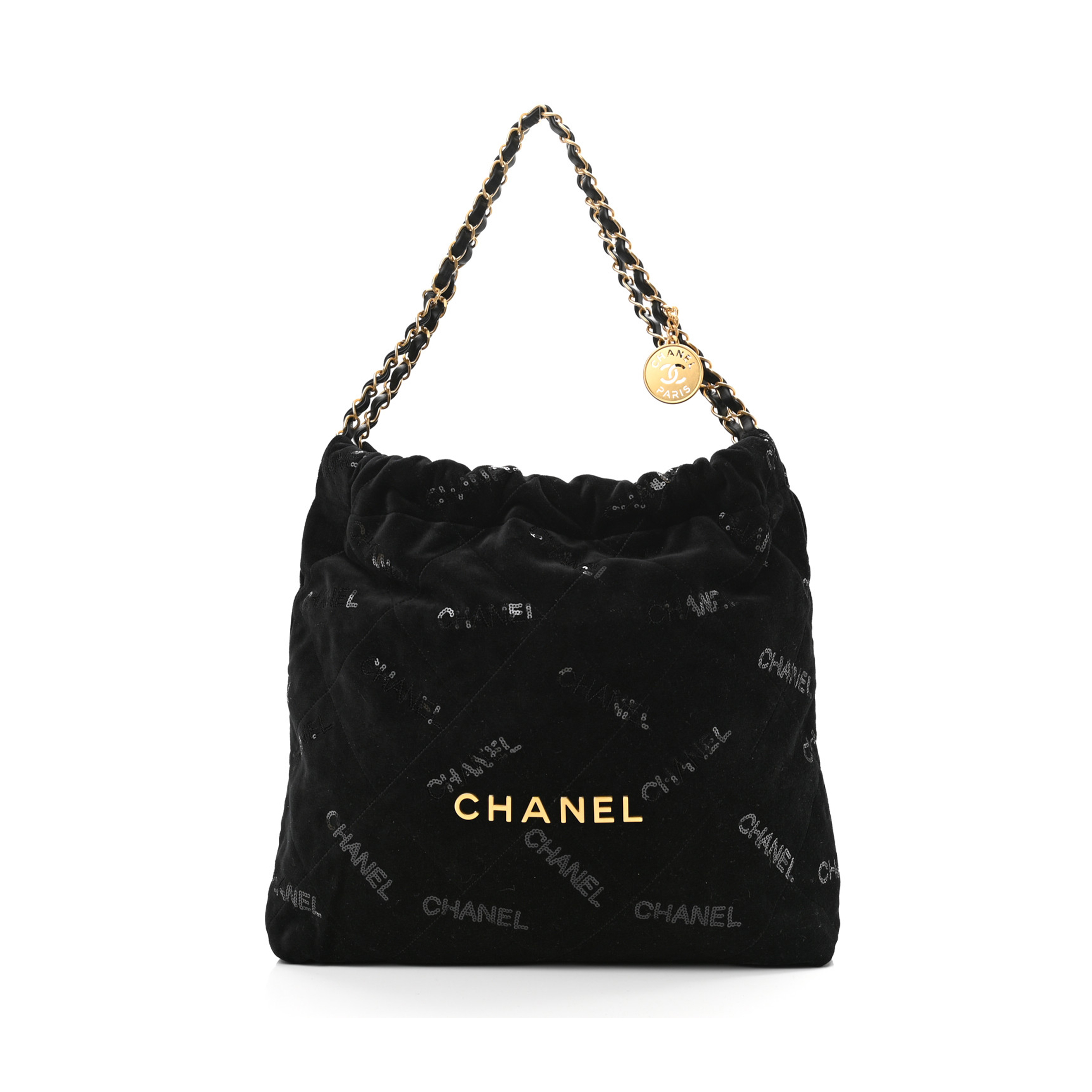 CHANEL VELVET SEQUIN QUILTED CHANEL 22 BLACK GOLD HARDWARE (37*35*7cm)